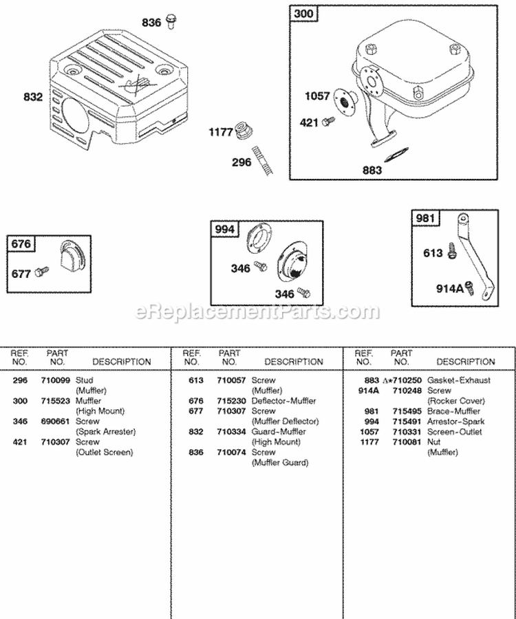 Exhaust System Diagram and Parts List for 185432-0571-E1  Briggs and Stratton Engine